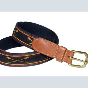 Preston New England USA Leather + Canvas Belt Blue Brown Oars Pattern Size 36